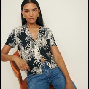 Reformation Black and Cream Botanical Button Down Shirt